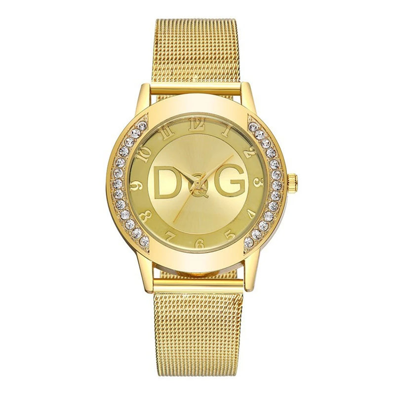 RELÓGIO FEMININO LUXO 2025 COM DIAMANTES QUARTZO PULSEIRA DE MALHA DOURADA