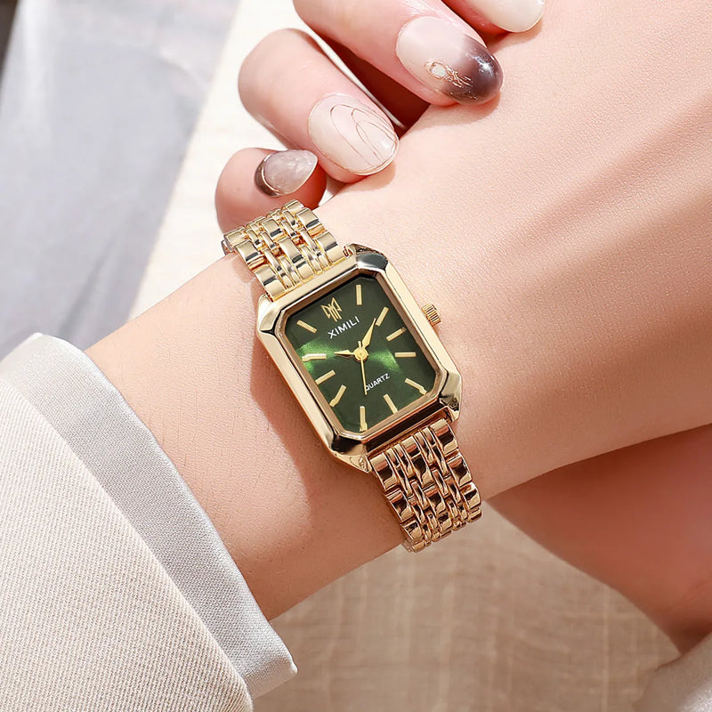 RELÓGIO FEMININO QUADRADO LUXO – AÇO INOXIDÁVEL DOURADO & DESIGN ELEGANTE