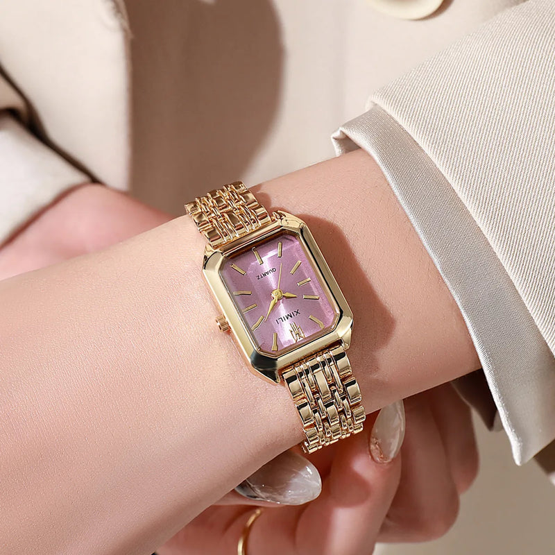 RELÓGIO FEMININO QUADRADO LUXO – AÇO INOXIDÁVEL DOURADO & DESIGN ELEGANTE