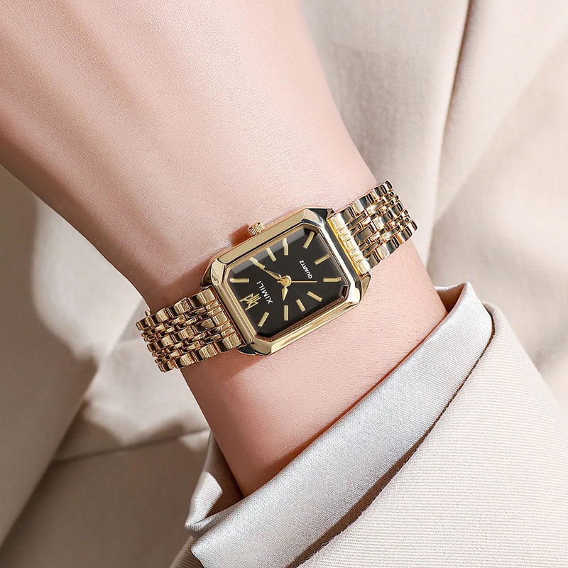RELÓGIO FEMININO QUADRADO LUXO – AÇO INOXIDÁVEL DOURADO & DESIGN ELEGANTE