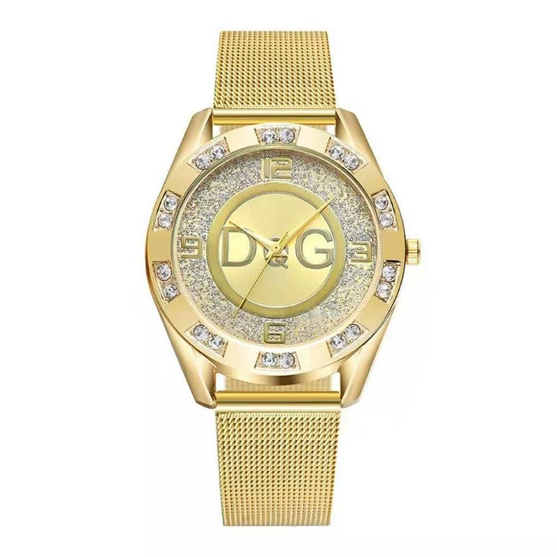 RELÓGIO FEMININO LUXO 2025 COM DIAMANTES QUARTZO PULSEIRA DE MALHA DOURADA