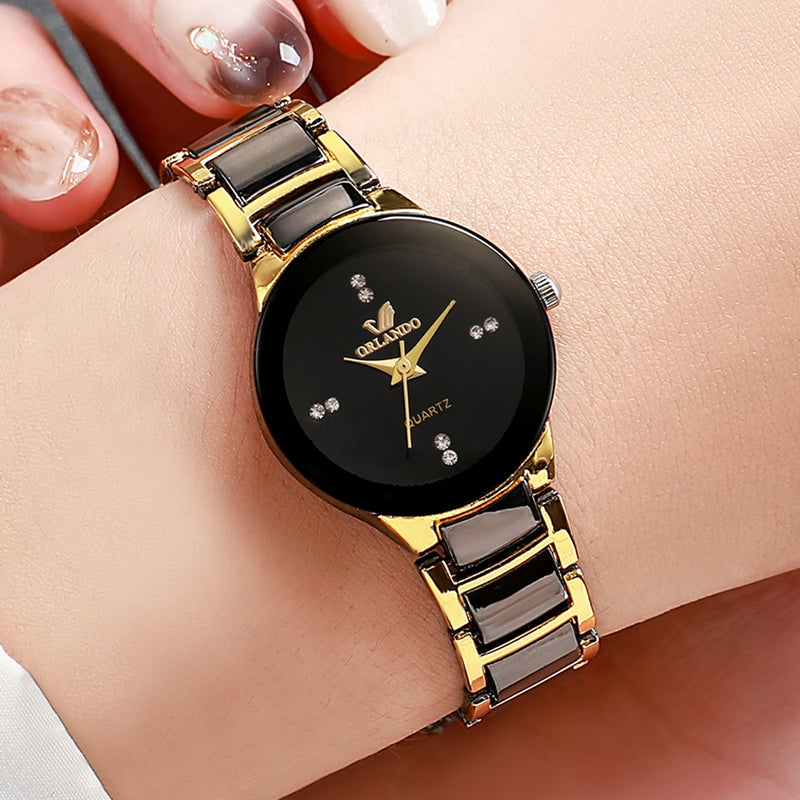 RELÓGIO FEMININO COM STRASS – PULSEIRA DE AÇO INOXIDÁVEL E MOVIMENTO QUARTZO