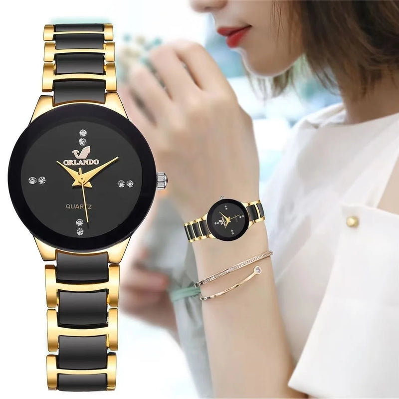 RELÓGIO FEMININO COM STRASS – PULSEIRA DE AÇO INOXIDÁVEL E MOVIMENTO QUARTZO