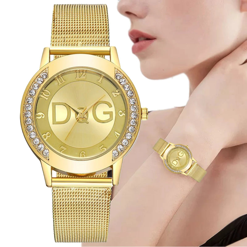 RELÓGIO FEMININO LUXO 2025 COM DIAMANTES QUARTZO PULSEIRA DE MALHA DOURADA