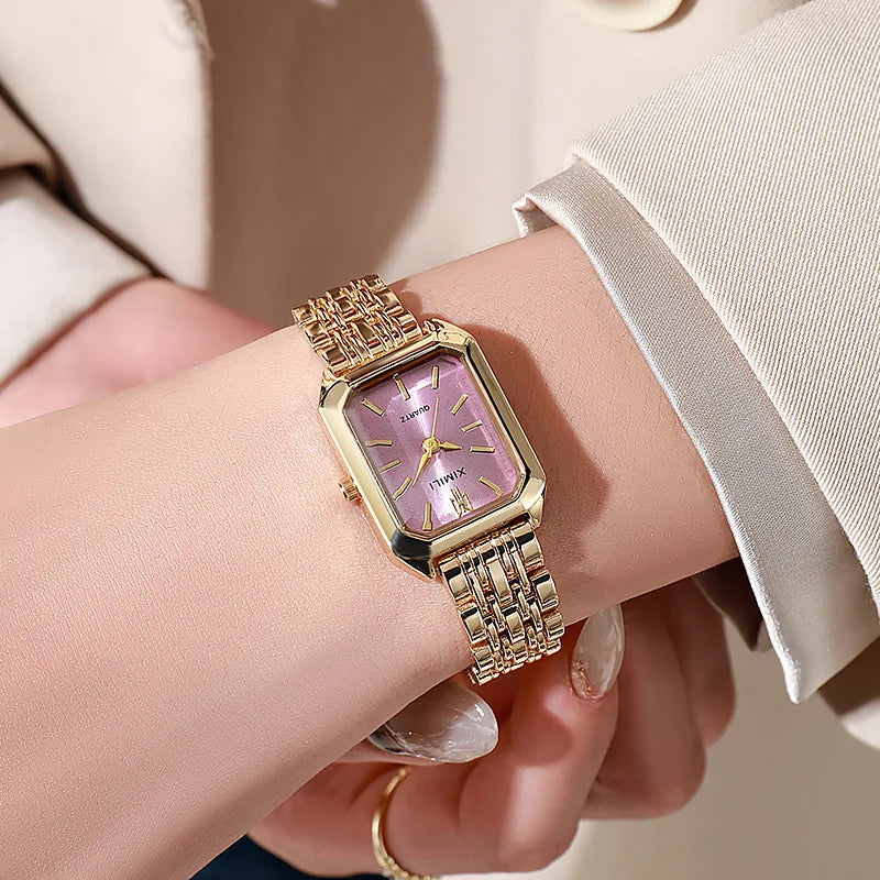 RELÓGIO FEMININO QUADRADO LUXO – AÇO INOXIDÁVEL DOURADO & DESIGN ELEGANTE